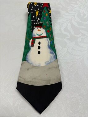 Black Tie with Snowman, Green Trees and Red Accents